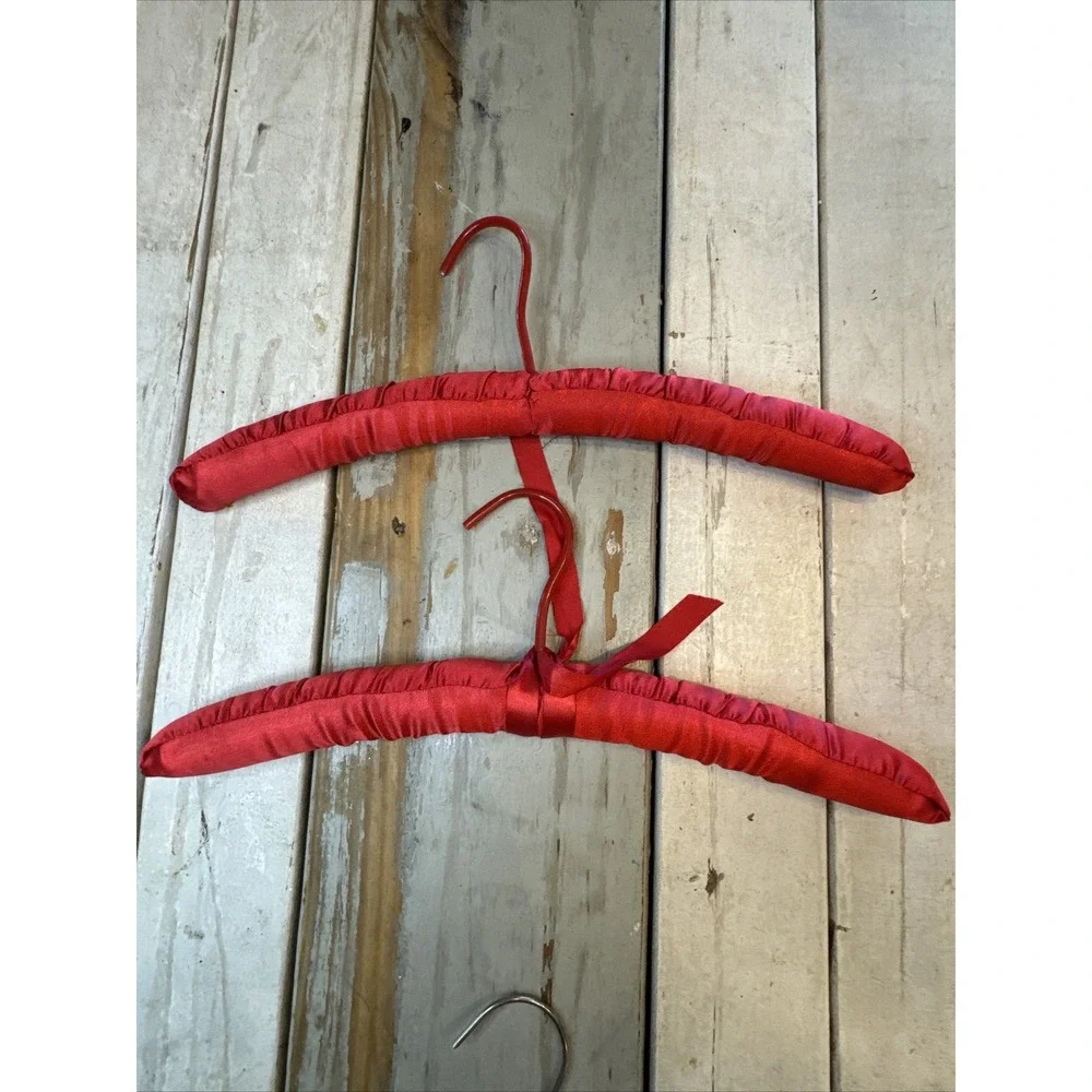 Vintage Red Satin, Blue Floral Fabric & One Crochet Padded Coat Hanger Lot Of 5